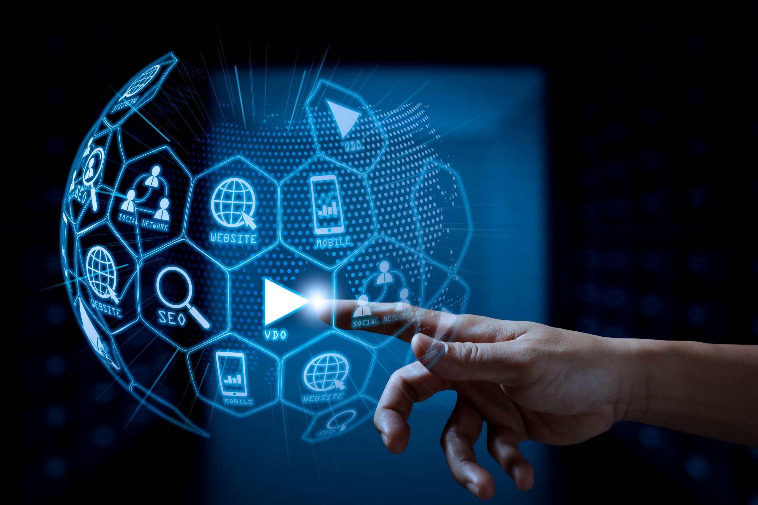 Clicking video icon on digital world